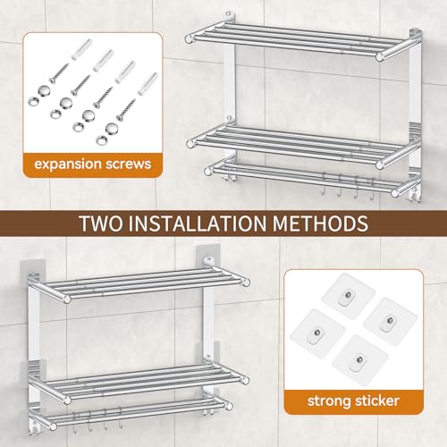 Silver 2-Tier Expandable Bathroom Towel Rack with Shelf and Hooks