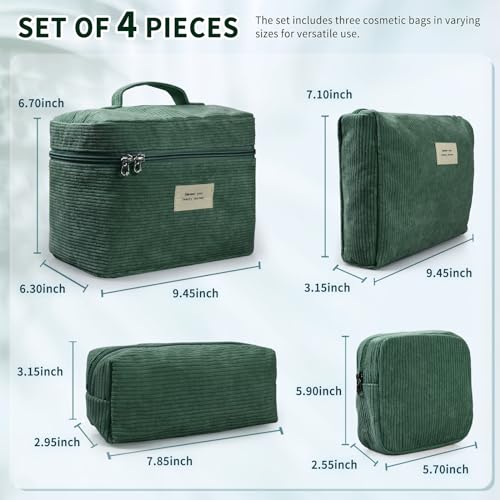 LVWNM Green 4-Piece Corduroy Makeup Bag Set for Women, Travel & Organizer