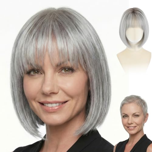 Silver Grey Short Bob Wig for Women – 12 Inch Straight Synthetic Wig with Bangs, Glueless & Natural-Look