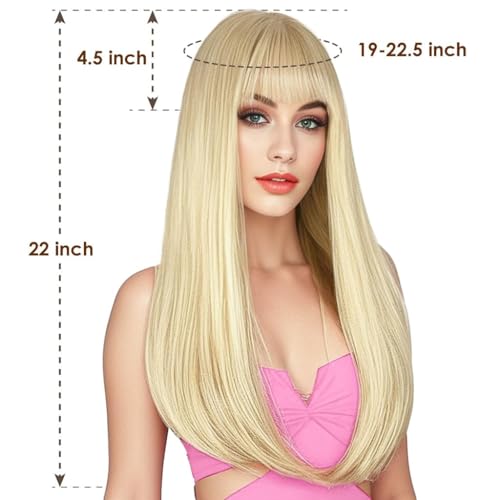 Blonde Wig with Bangs - Long Straight Synthetic Hair 22 Inch for Women & Girls - Daily, Party, Cosplay