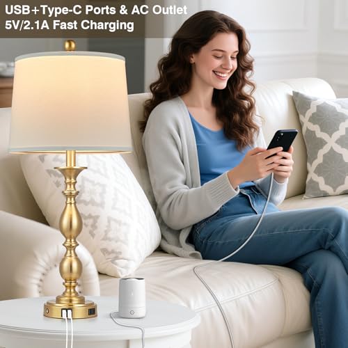 Gold 2 Pack Modern Table Lamps with USB Ports & AC Outlet - 3-Way Touch Bedside Lamps for Bedroom & Living Room