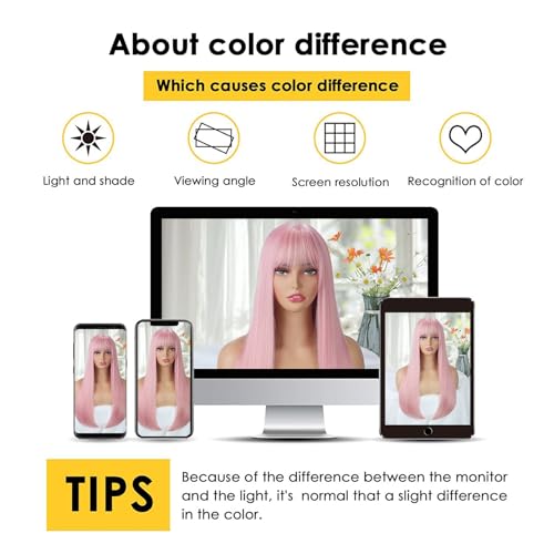 Pink Long Straight Wig with Bangs for Women 24 Inch Heat-Resistant Synthetic Cosplay Halloween