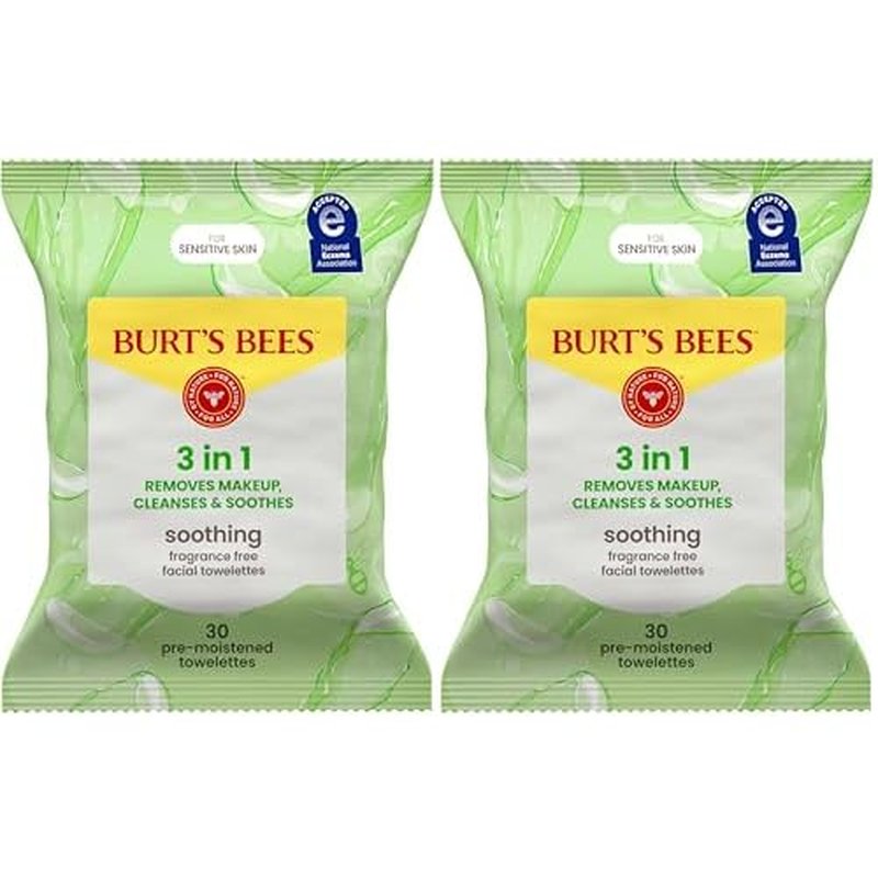 Burt's Bees, Aloe Vera Face Wipes, for Sensitive Skin, Soothing Makeup Remover & Facial Cleansing Towelettes, 30 Count (2 Pack)