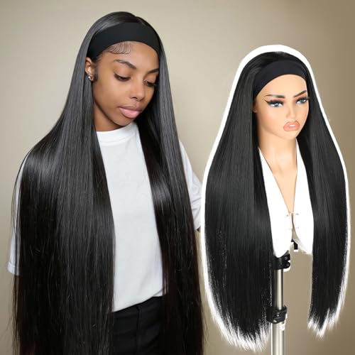 30 Inch Straight Headband Wig for Black Women - Synthetic Half Wig, Glueless, Natural Look - Black