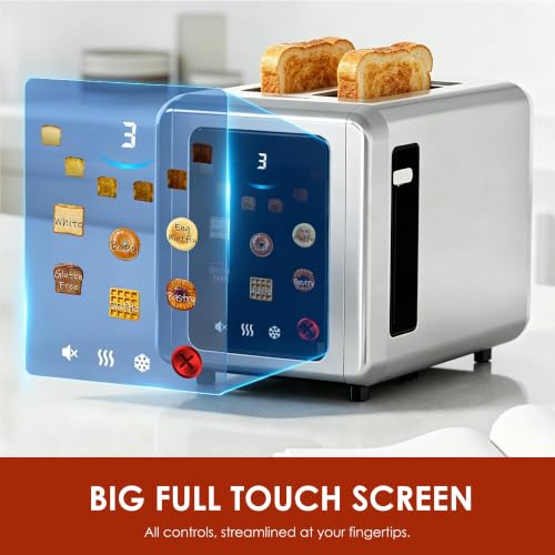 WHALL Silver Full Touch Screen 2-Slice Toaster with Wide Slots & Smart Features