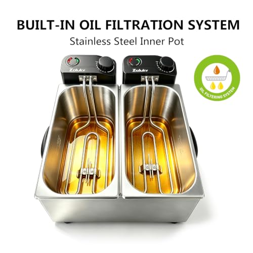 ZALUKV 7.4QT Dual Tank Electric Deep Fryer with Oil Filtration & Viewing Window