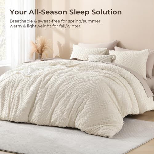Super King Plus Comforter Set Beige Tufted Boho Bedding 3 Pcs - Litanika 128x120