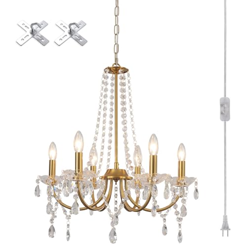 Plug-in Gold Crystal Chandelier with Long Cord - Modern Hanging Light Fixture