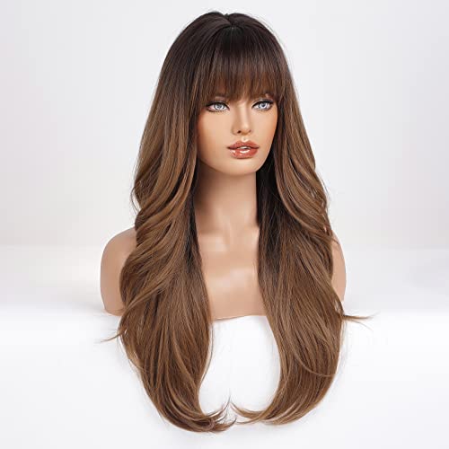 Ombre Brown Wigs with Bangs - Long Wavy Synthetic Hair for Women