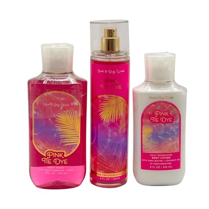 Bath & Body Works PINK TIE DYE - 3pc Bundle - Fine Fragrance Mist, Body Lotion, and Shower Gel Gift set with a Blue Bow for Holidays - LIMITED EDITION