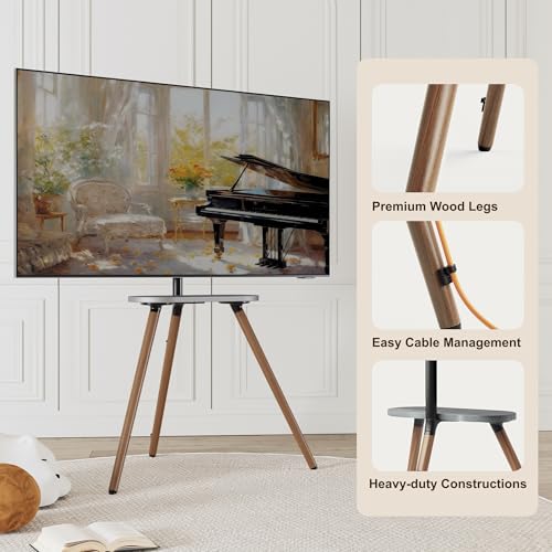 ECOTINY Black Walnut Tripod TV Stand for 43-65 Inch TVs with Swivel & Shelf