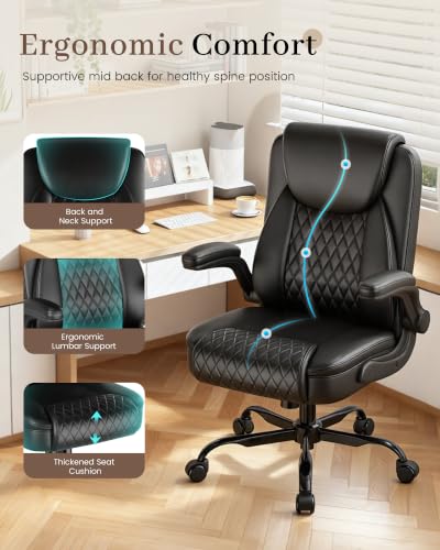Ergonomic Mid-Back Office Chair with Flip-Up Arms - Black, Lumbar Support, Rocking Function
