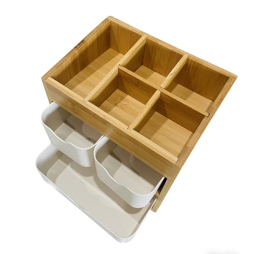 Bamboo Makeup Organizer Jewelry Box, Bamboo Desk organizer with 3 drawers and adjustable dividers, 3 Tier Jewelry Storage Case, Desktop Organization Storage