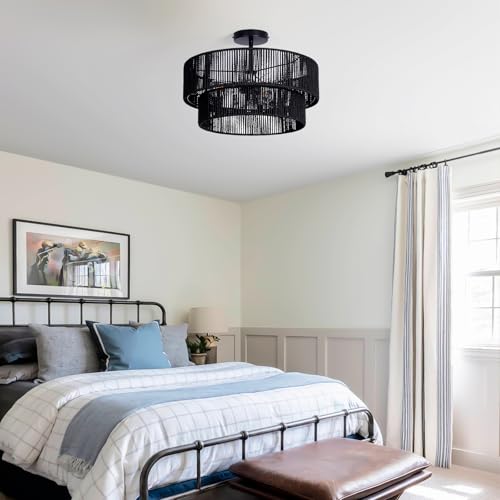 Black Hemp Rope Semi Flush Mount Ceiling Light Fixture 18-Inch Boho Rattan Lamp