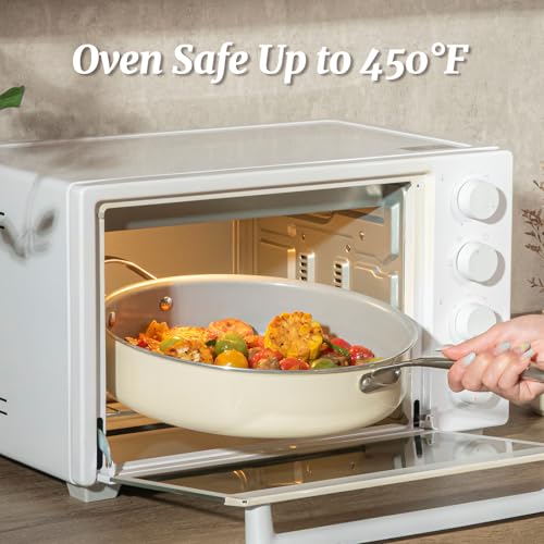 Cream White Nonstick 12-Inch Deep Frying Pan with Lid - 5 QT Sauté Pan for Induction Cooking