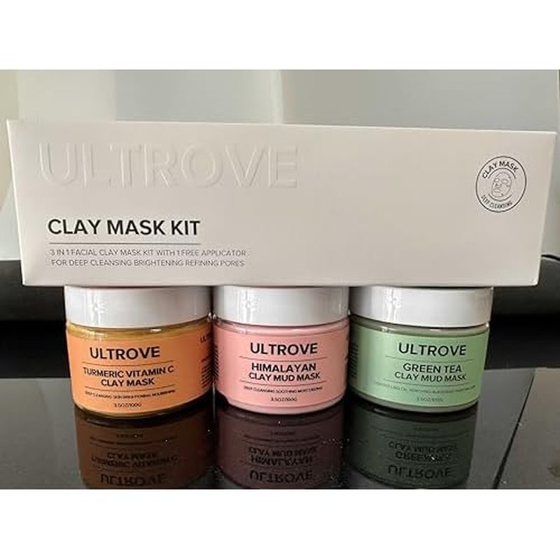 3-in-1 Clay Mask Set for Face | Green Tea, Turmeric Vitamin C & Himalayan Pink Clay | Deep Cleansing, Pore Refining, Moisturizing Facial Mask Kit (3.5oz Each) + Silicone Brush