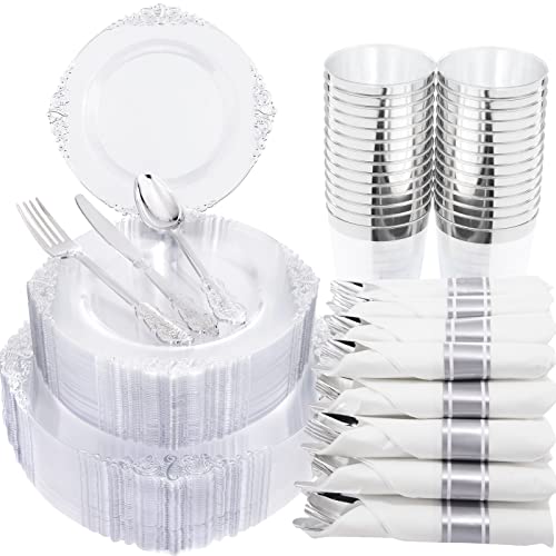 Morejoy 350PCS Clear Silver Disposable Plates Set - Elegant Party Dinnerware