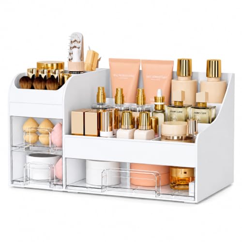 Mriluvy Extra Large White Clear Makeup Organizer with 3 Drawers & Brush Holder