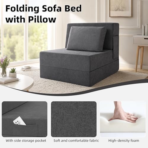 Grey Foldable Floor Sofa Bed with Pillow - Convertible Sleeper Chair for Living Room - Single