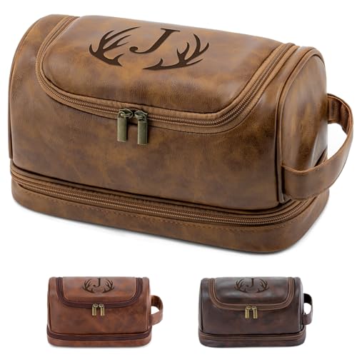 Personalized Men's Toiletry Bag with Initials - Light Brown, Waterproof PU Leather, Gift for Dad, Men, Birthday, Christmas