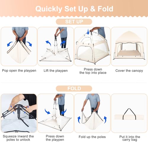 Baby Playpen with Canopy - Square Toddler Beach Tent, Beige, Portable & Foldable