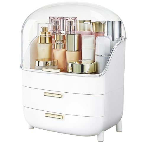 Vtopmart 3-Tier Skincare Makeup Organizer with Drawers and Lid for Vanity and Bathroom Countertop, Large Cosmetic Storage Box Case for Dresser, with Non-Slip Base
