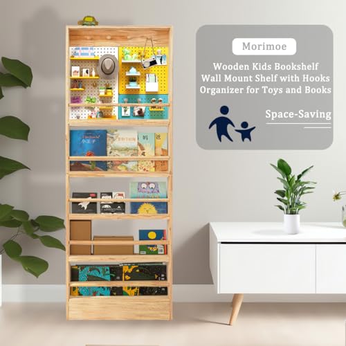 Morimoe Wooden Kids Wall-Mounted Bookshelf with 4 Hooks – Space-Saving Toy & Book Organizer