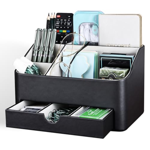 KINGFOM Leather Makeup Organizer with Drawer - Black Cosmetic Storage for Vanity & Countertop