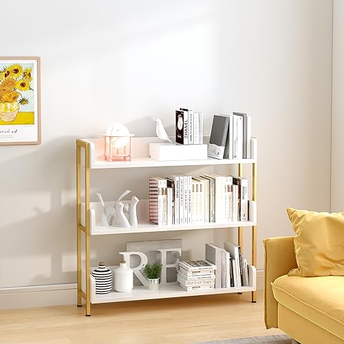 OSCHF 3-Tier Wide Open Shelf Bookcase with Gold Frame, White, Variation: Gold + White