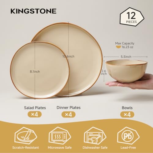 Stoneware Dinnerware Set for 4 - 12 Pcs Beige Reactive Glaze Plates Bowls