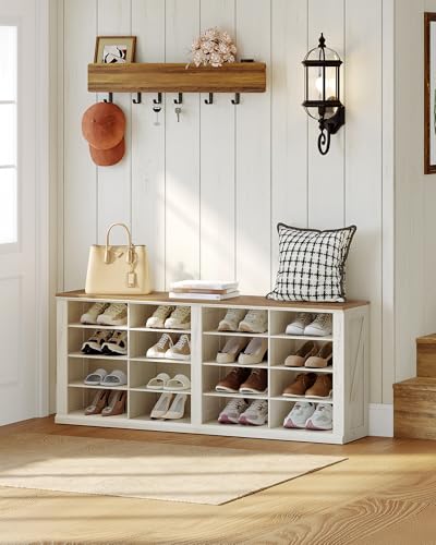 Hzuaneri Antique White Wooden Shoe Storage Bench with Cubby, 11.8"D x 41"W x 23.8"H, Farmhouse Entryway Seat