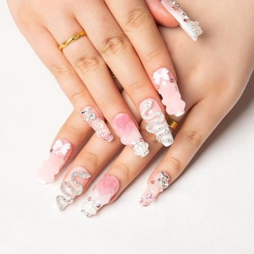 LOVFUL Press on Nails Marshmallo Gummy Bear Square | Handmade with Full Covered Crystals | Reusable Fake Nails | Coffin Classic Regular 1.3 in | H26-M