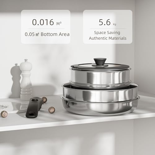 Stainless Steel Detachable Nonstick Cookware Set - Stackable Pots & Pans for RV Camping, Oven & Induction, 5 Pieces