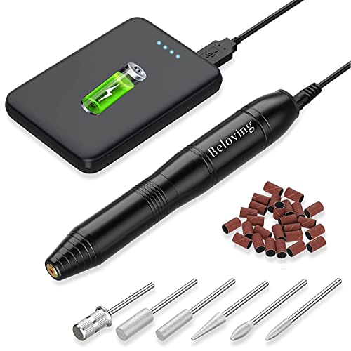 Portable Nail Drill with Power Bank Kit, Electric File for Acrylic Dip Gel and Natural Nails, Manicure Pedicure Drill Efile Tools with Drill Bits and Sanding Bands, Speed Control Power Cord, Black