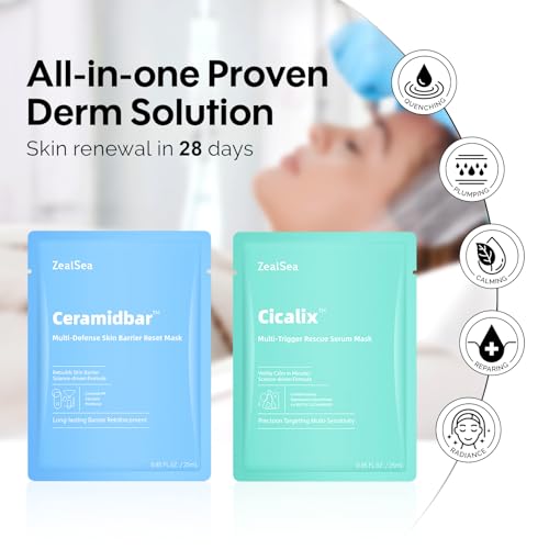ZealSea Cicalix & Ceramidbar Face Masks Skincare Set, Derm Solution Sheet Mask for Multi-Trigger Sensitivity, Soothing & Calming, Strengthen & Restore Skin, Facial Mask with Cica & Ceramide, 16 Pack