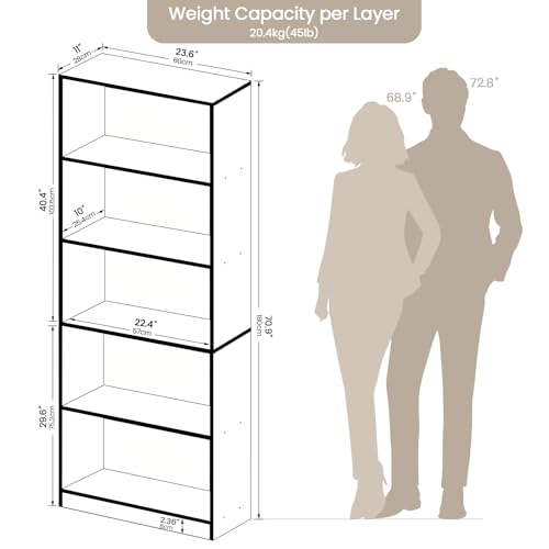 5-Tier Open Cube Bookshelf - Heavy-Duty Melamine Shelving, 71in tall, Anti-Tipping