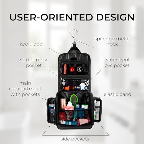 AvaJex Large Waterproof Travel Toiletry Bag Black - 15 Compartments, Hanging Organizer