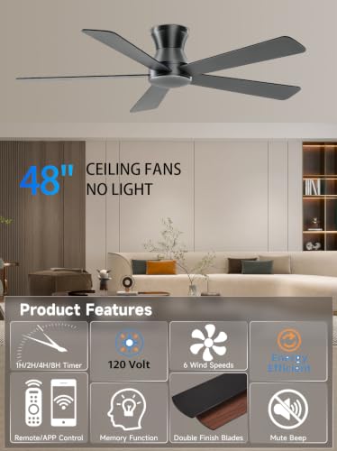 Matte Black 48-Inch Ceiling Fan No Light - Low Profile Flush Mount, 6-Speed Reversible Outdoor Fan with Remote & App Control