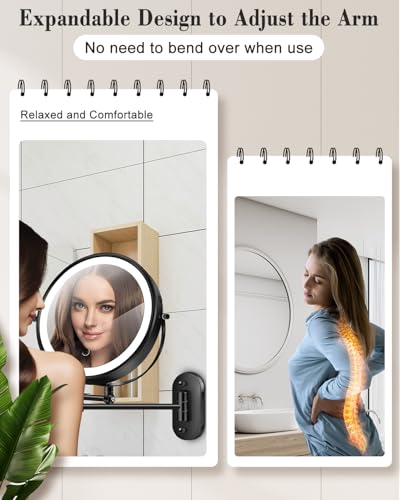 Vpu 9-Inch Wall Mounted Magnifying Makeup Mirror with Light, Adjustable Height, Black
