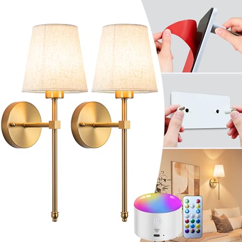 Battery Operated Wall Sconce Set of Two with Remote Control, Dimmable Indoor Lighting, Bronze, 19.68 Inch