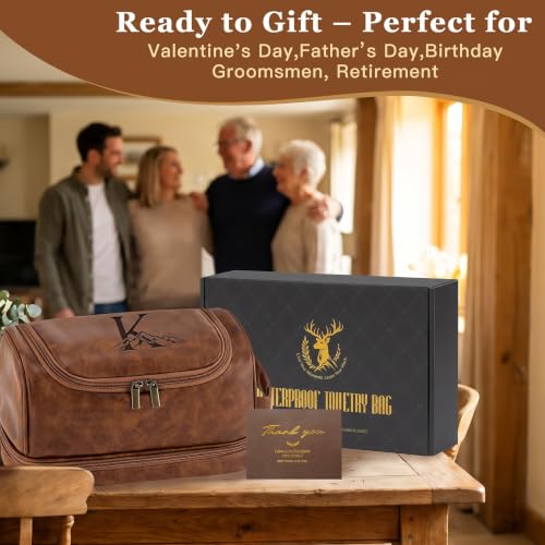 Travel Toiletry Bag for Men - Personalized Initials Leather Organizer, Light Brown D