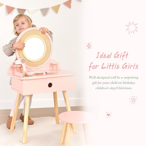 OOOK Toddler Vanity Set with 11 Accessories - Kids Dressing Table & Chair, Play & Learning Toy