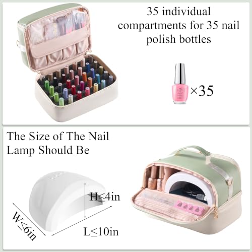 Travel Nail Polish Organizer Bag Holds 35 Bottles & Nail Lamp - Green & Beige