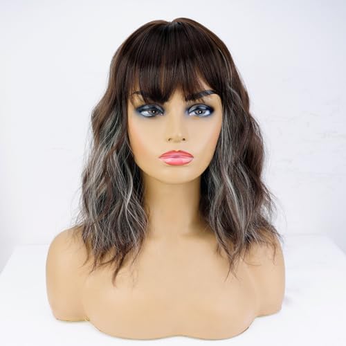 Brown Mixed Blonde Short Wavy Bob Wig with Bangs for Women - 14 Inch, Heat-Resistant Synthetic Hair