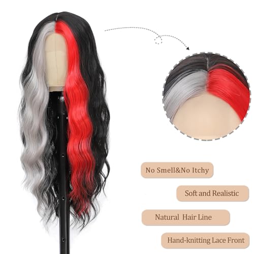 Black Wavy Wigs for Women 26 Inch Long with Red Grey Highlights - Middle Part Style