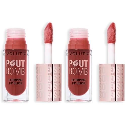 Revolution, Pout Bomb Plumping Lip Gloss, High Shine, Rich Glossy Pigment, Infused with Vitamin E, Cookie Deep Nude, 0.15 fl oz (Pack of 2)