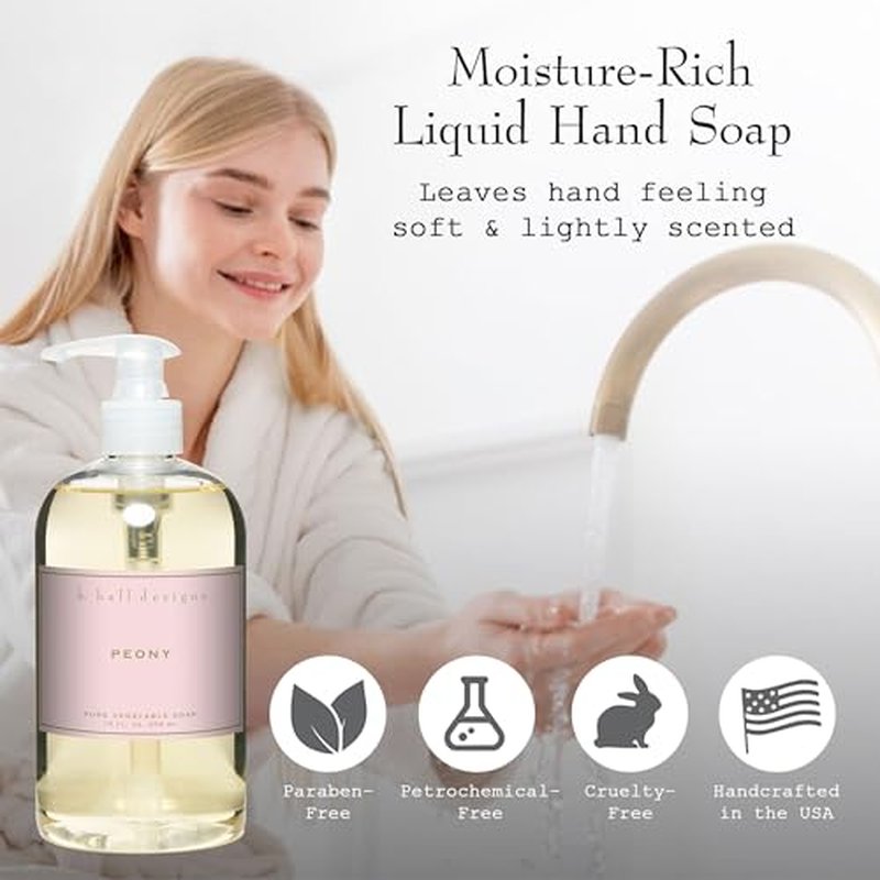 K. Hall Designs Peony Liquid Hand Soap, Delicate Peony Scent with Watery Notes, Natural Liquid Soap for Bathroom & Kitchen, Plant-Based Formula, 12 fl oz