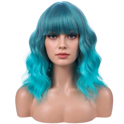 Women Short Curly Wavy Blue Ombre Wig - Mixed Blue, 13 Inch, Adjustable Cap