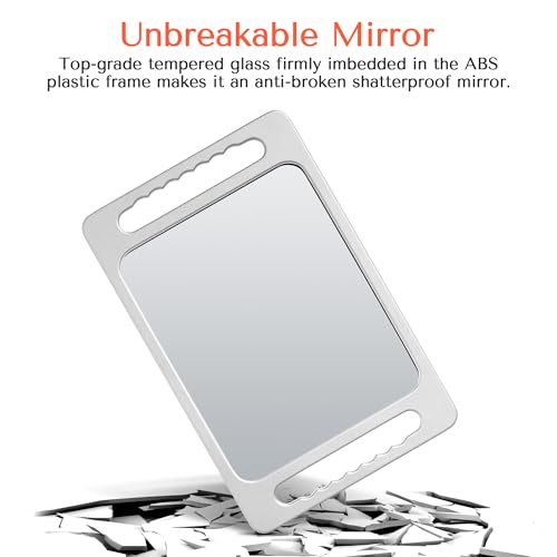 Unbreakable Handheld Barber Mirror with Double Handles - Silver Gray, 15.8 x 10.2 inches
