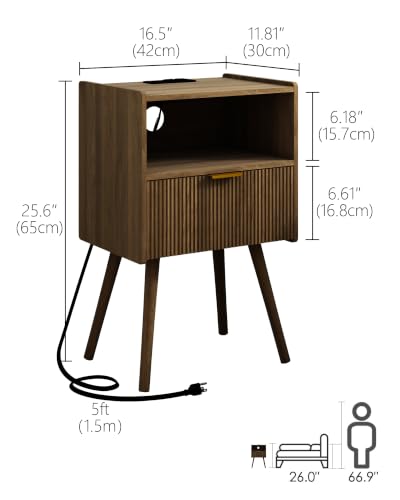 Walnut Brown Nightstand with Charging Station LED Lights Storage Drawer Open Shelf Modern Bedside Table